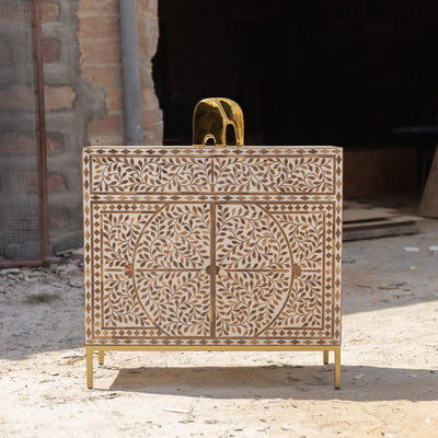 Arabesque Teak Wood Inlay Two-Door Accent Cabinet