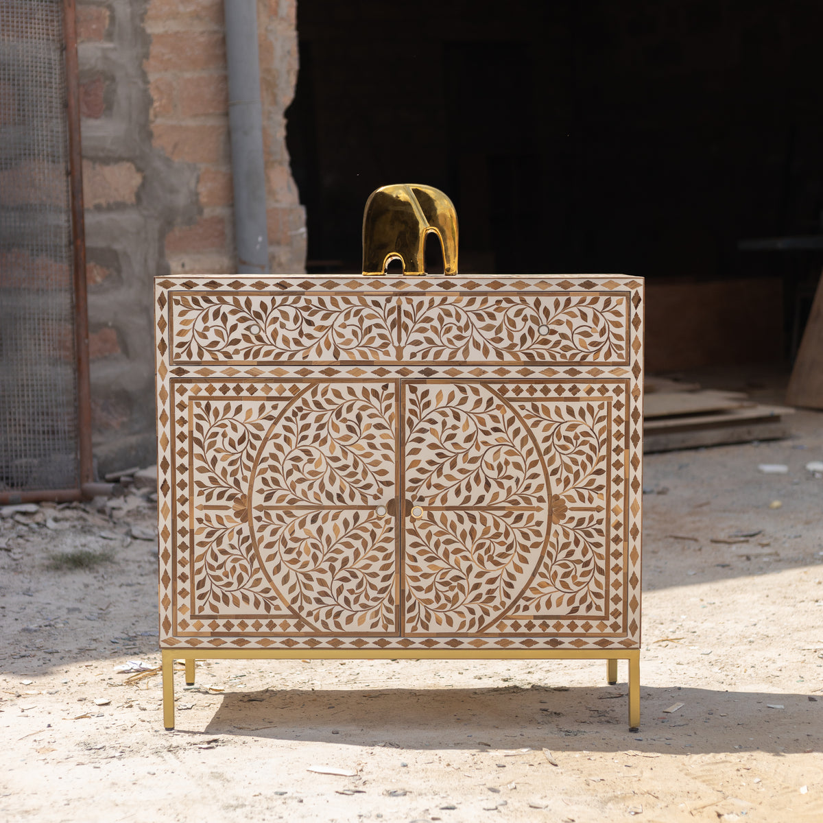 Arabesque Teak Wood Inlay Two-Door Accent Cabinet