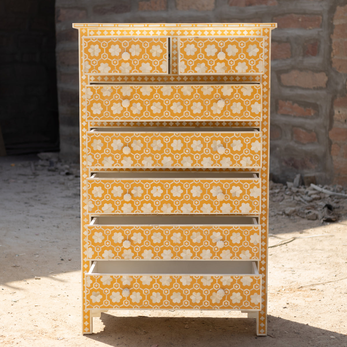 Honeycomb Bone Inlay Seven-Drawer Tallboy Dresser - Yellow