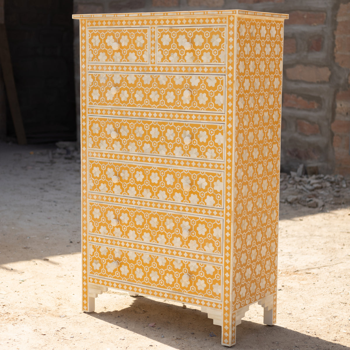 Honeycomb Bone Inlay Seven-Drawer Tallboy Dresser - Yellow