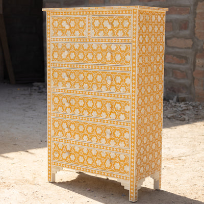Honeycomb Bone Inlay Seven-Drawer Tallboy Dresser - Yellow