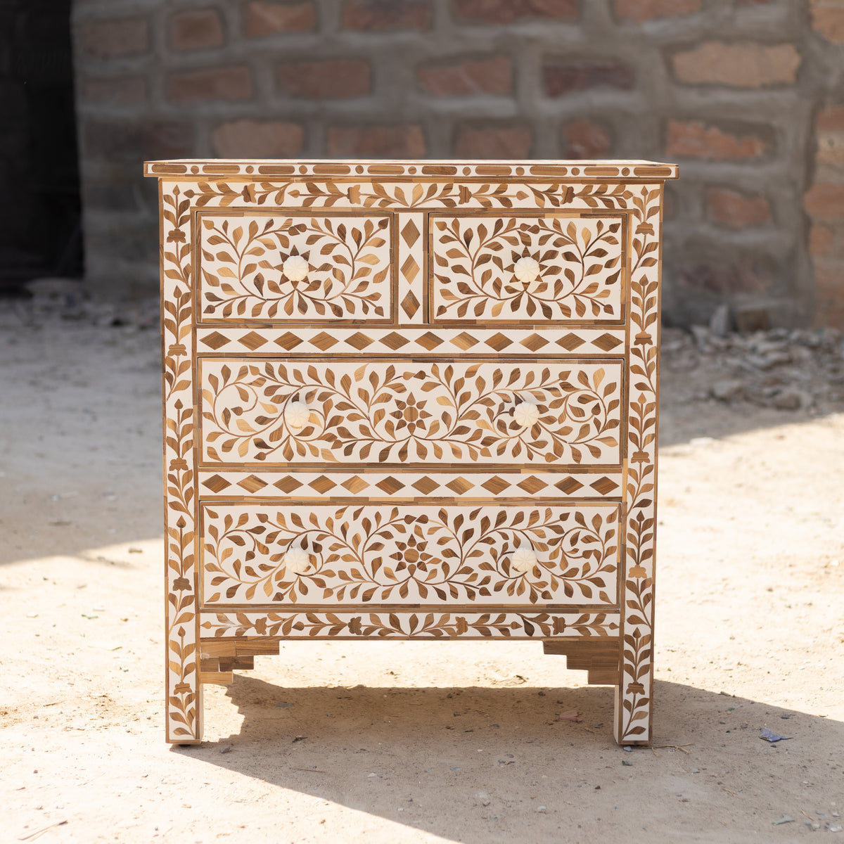 Arabesque Teak Wood Inlay Four-Drawer Chest