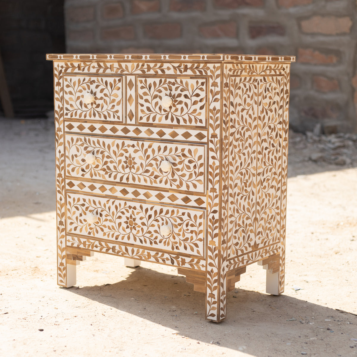 Arabesque Teak Wood Inlay Four-Drawer Chest