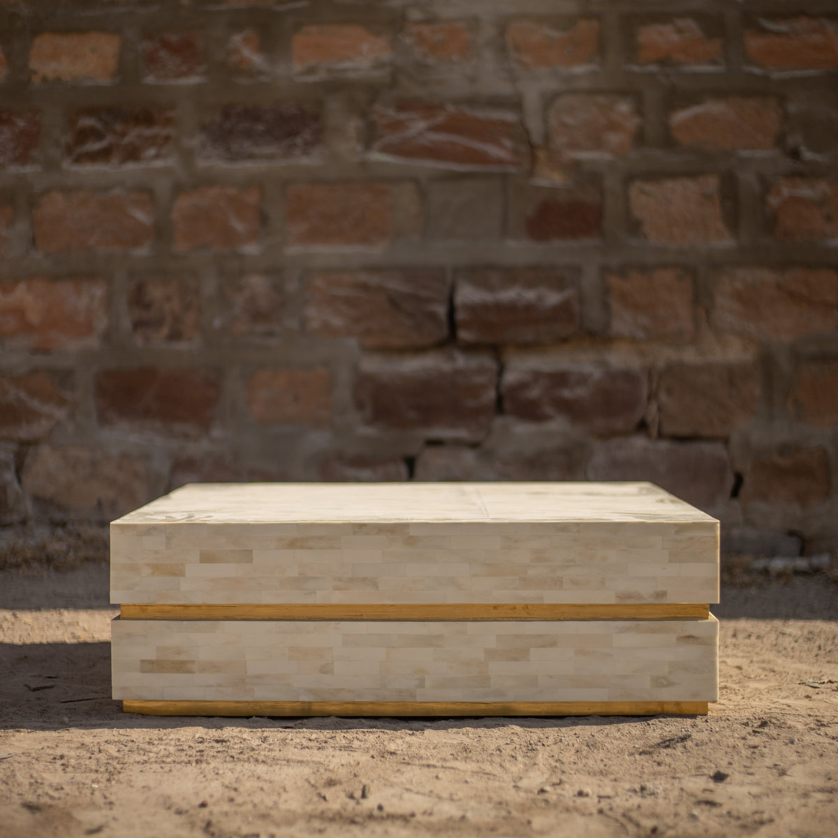 Strata Inlay Square Coffee Table - Natural Bone & Brass
