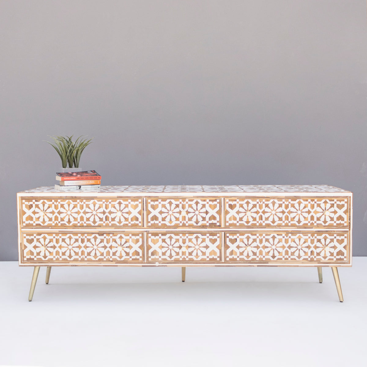 Moroccan Teak Wood Inlay Six Drawer Media Console