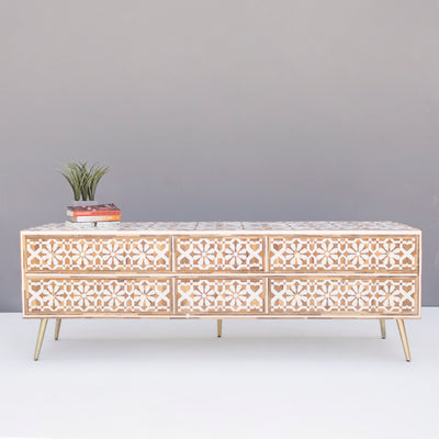 Moroccan Teak Wood Inlay Six Drawer Media Console