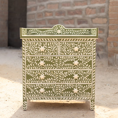 Arabesque Floral Bone Inlay Four-Drawer Chest – Olive Green