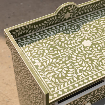 Arabesque Floral Bone Inlay Four-Drawer Chest – Olive Green