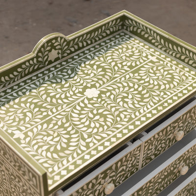 Arabesque Floral Bone Inlay Four-Drawer Chest – Olive Green