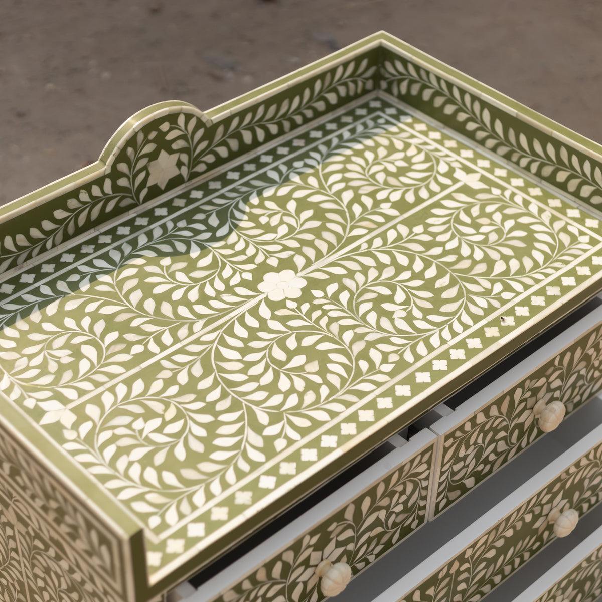 Arabesque Floral Bone Inlay Four-Drawer Chest – Olive Green