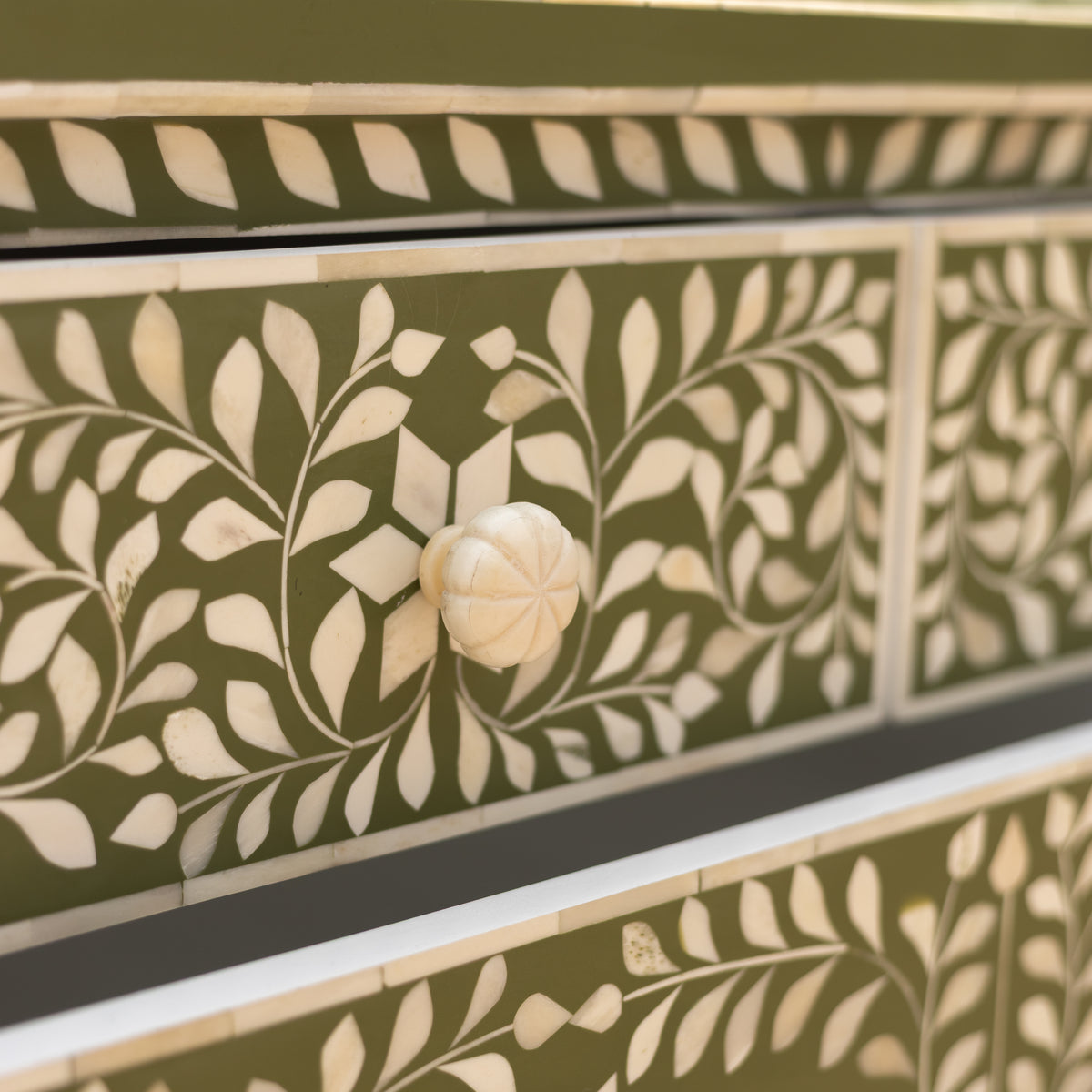 Arabesque Floral Bone Inlay Four-Drawer Chest – Olive Green