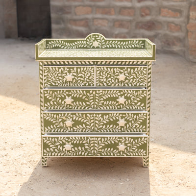 Arabesque Floral Bone Inlay Four-Drawer Chest – Olive Green