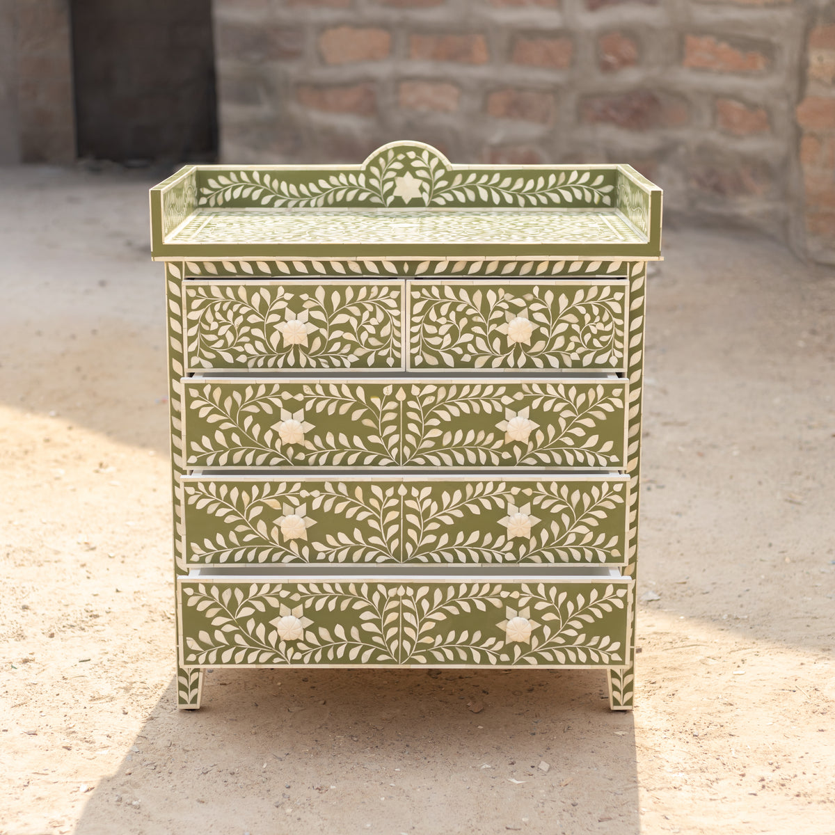 Arabesque Floral Bone Inlay Four-Drawer Chest – Olive Green