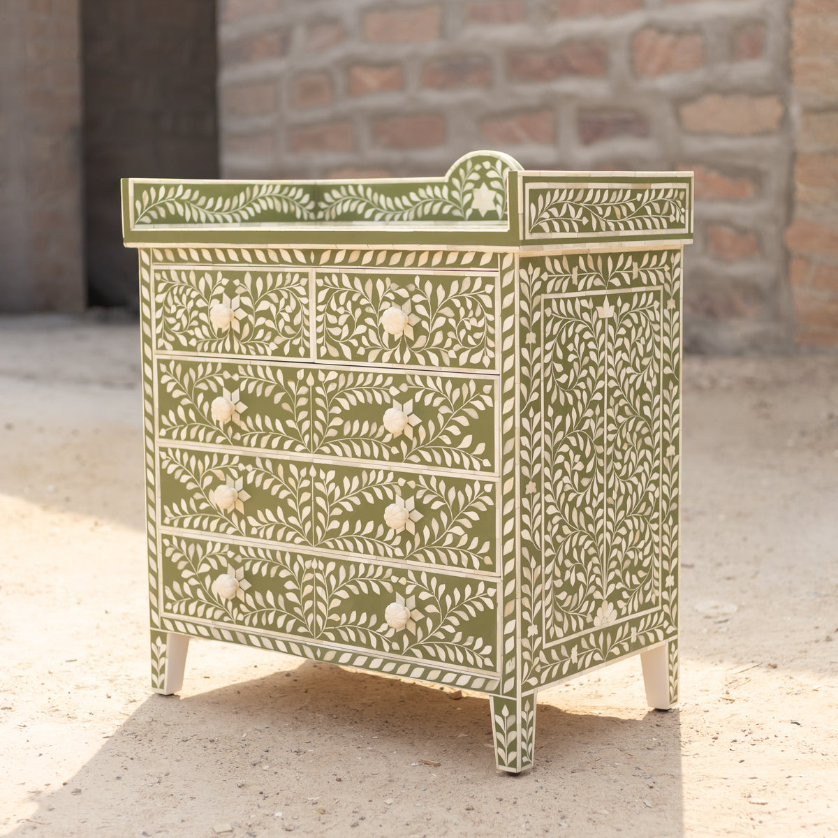 Arabesque Floral Bone Inlay Four-Drawer Chest – Olive Green