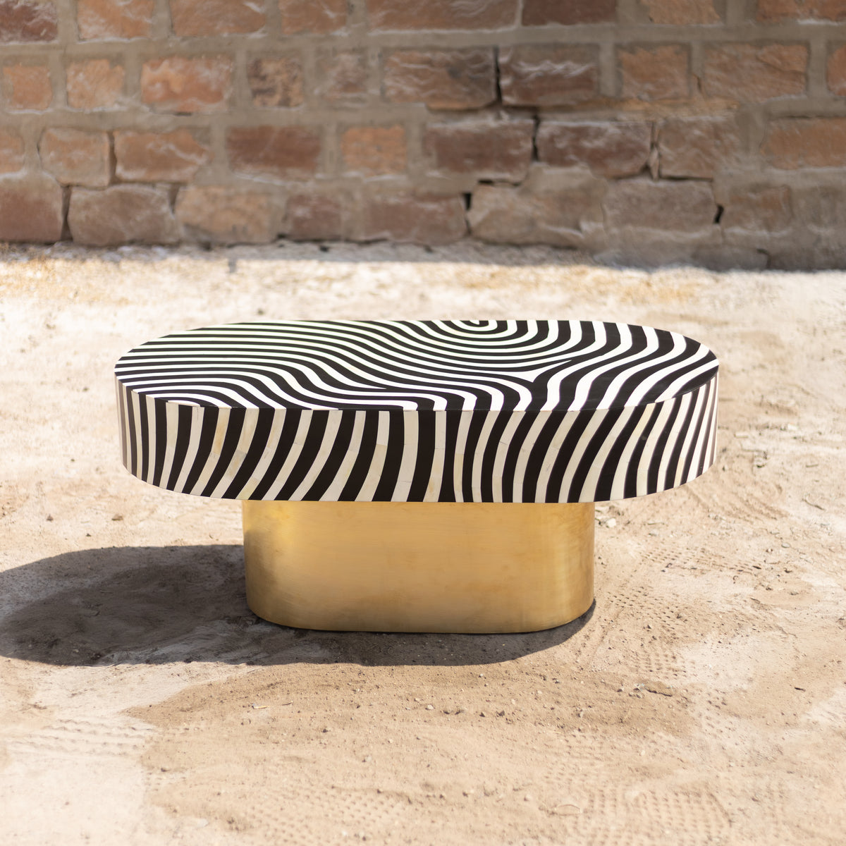 Riga Optical Wave Inlay Oval Coffee Table - Black