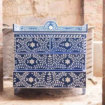 Arabesque Floral Bone Inlay Four-Drawer Chest – Midnight Blue