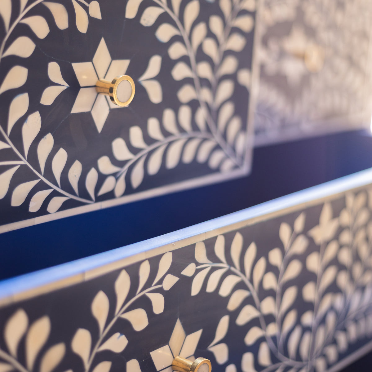 Arabesque Floral Bone Inlay Four-Drawer Chest – Midnight Blue