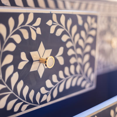Arabesque Floral Bone Inlay Four-Drawer Chest – Midnight Blue