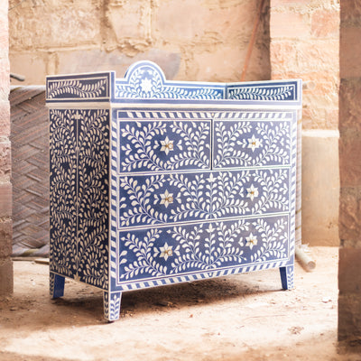 Arabesque Floral Bone Inlay Four-Drawer Chest – Midnight Blue