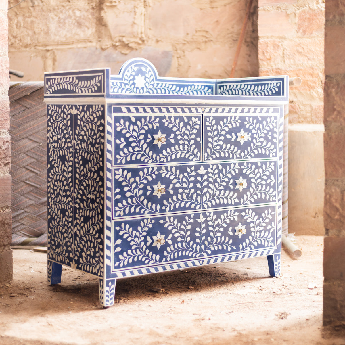 Arabesque Floral Bone Inlay Four-Drawer Chest – Midnight Blue