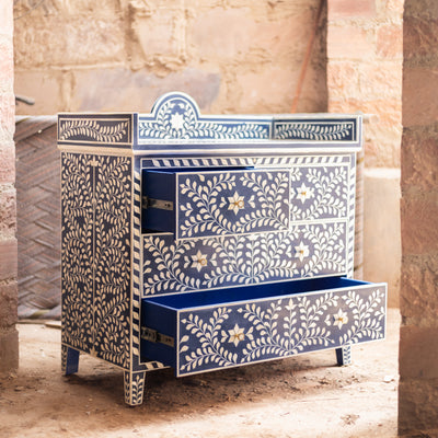 Arabesque Floral Bone Inlay Four-Drawer Chest – Midnight Blue