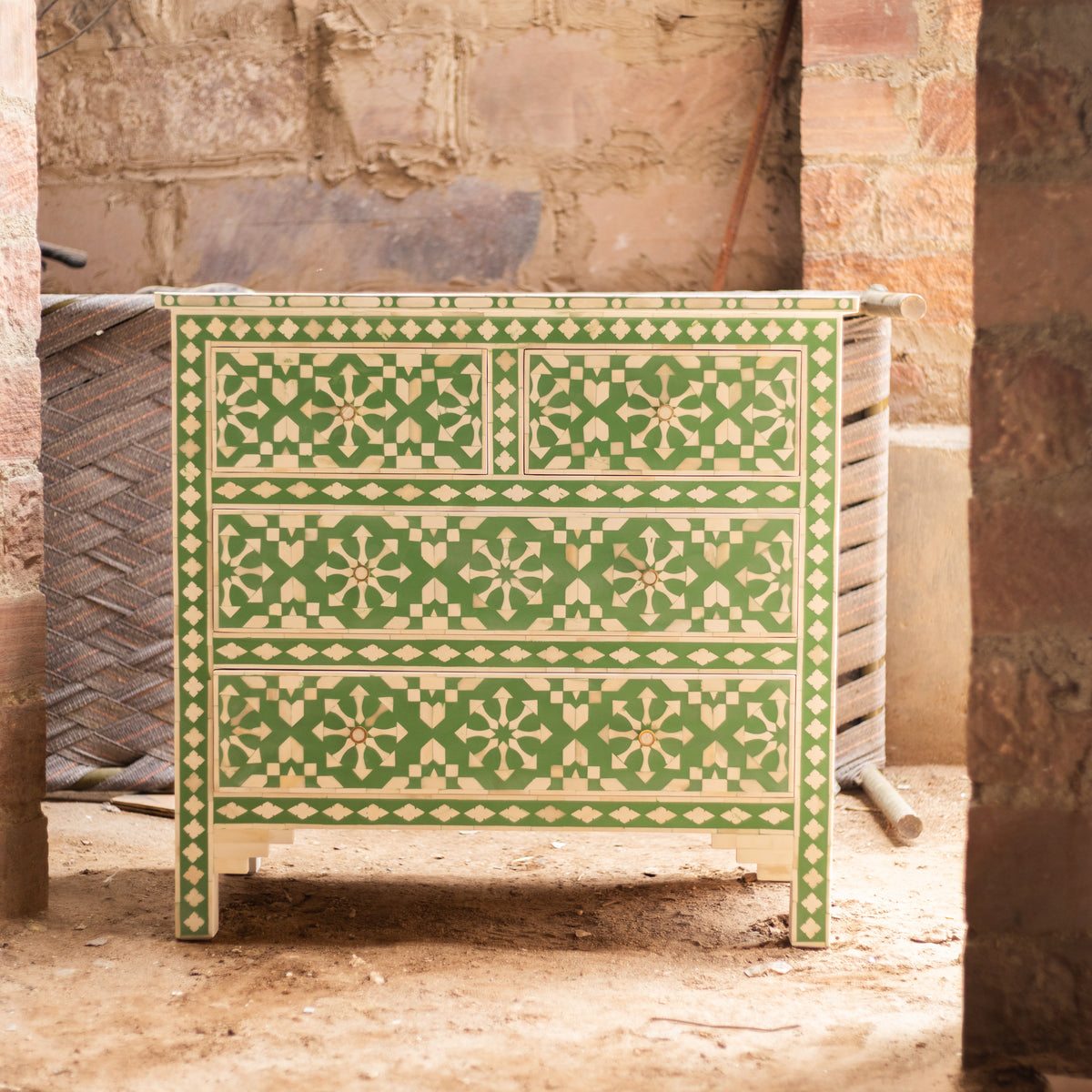 Moroccan Inlay Mint Green Four Drawer Dresser