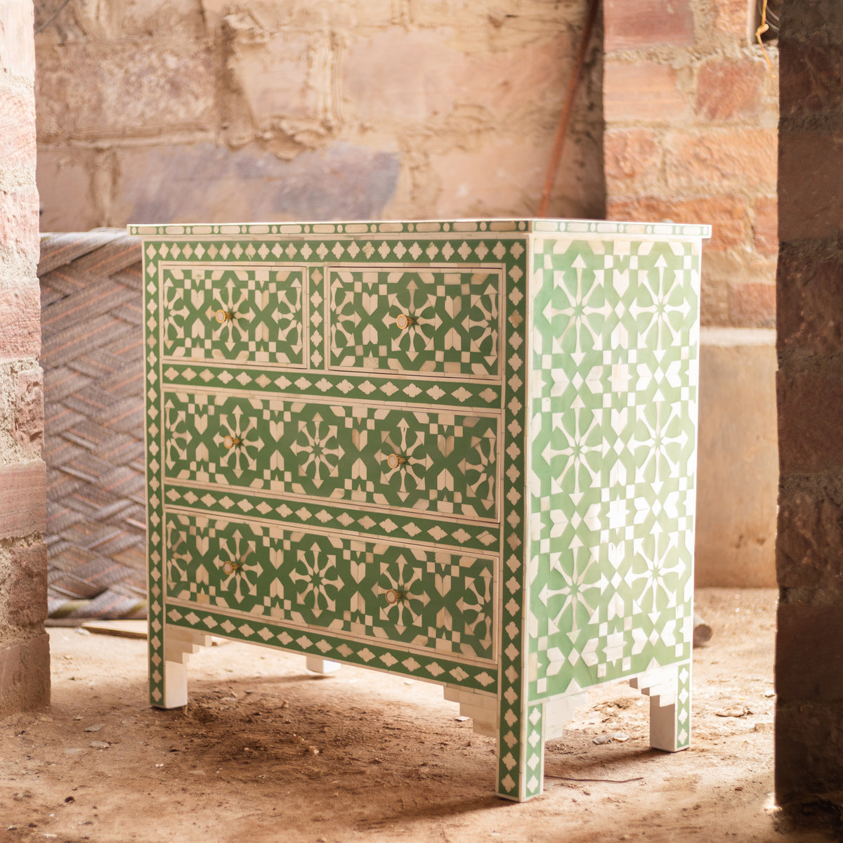 Moroccan Inlay Mint Green Four Drawer Dresser