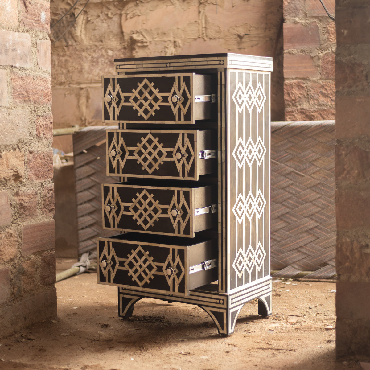 Azmara Inlay Four-Drawer Tallboy – Black