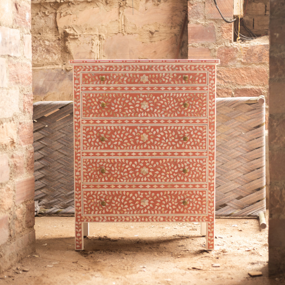Arabesque Bone Inlay Five-Drawer Tallboy - Coral