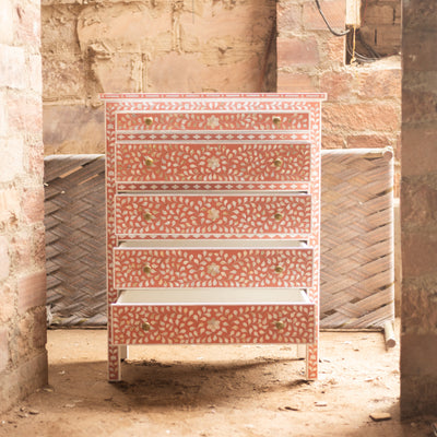 Arabesque Bone Inlay Five-Drawer Tallboy - Coral