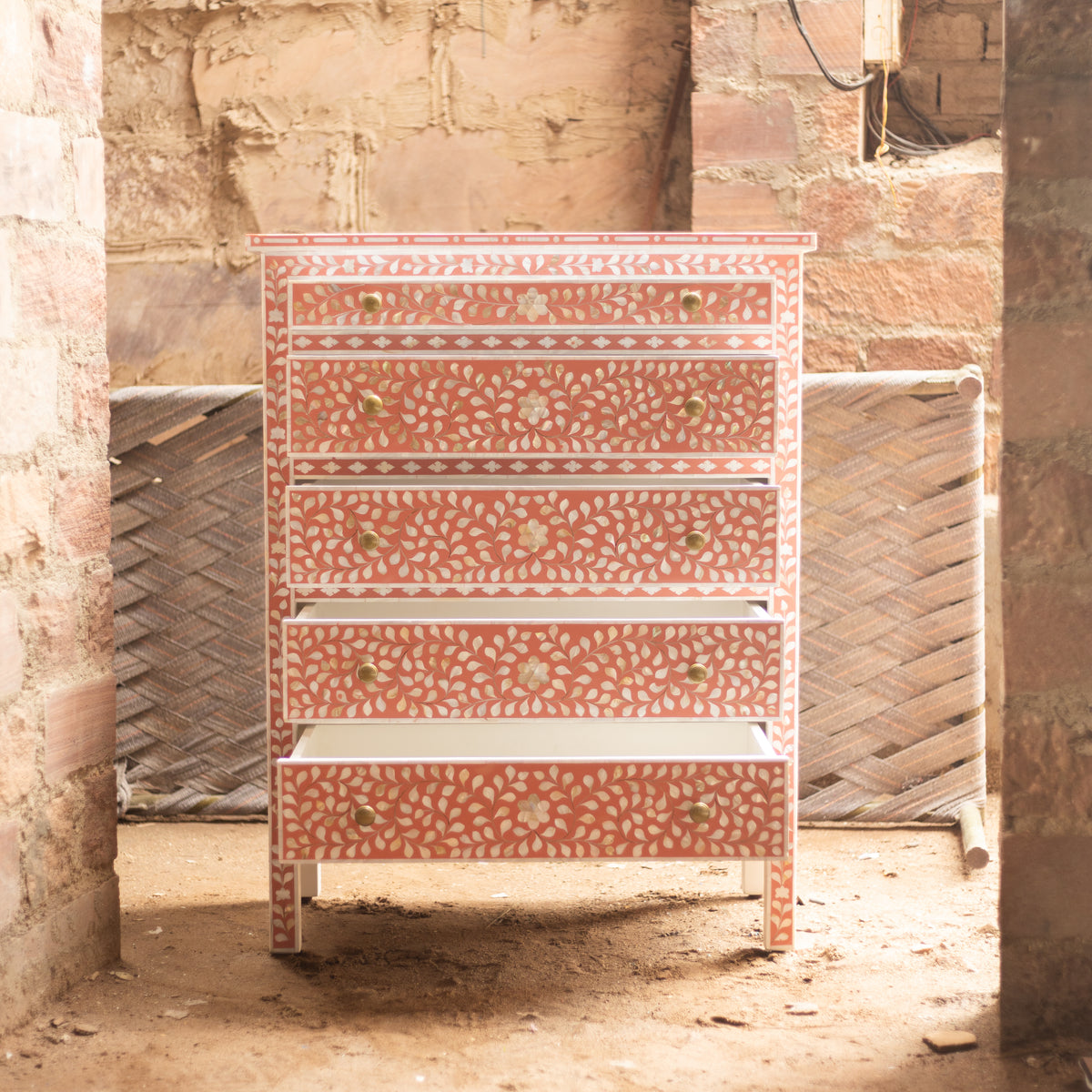 Arabesque Bone Inlay Five-Drawer Tallboy - Coral