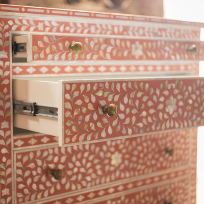 Arabesque Bone Inlay Five-Drawer Tallboy - Coral