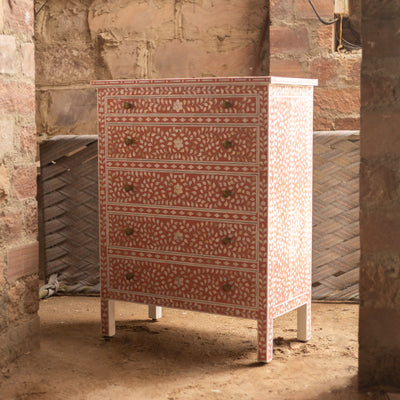 Arabesque Bone Inlay Five-Drawer Tallboy - Coral
