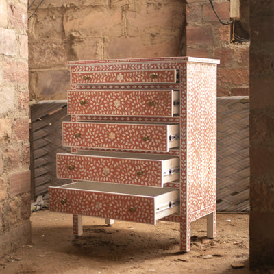 Arabesque Bone Inlay Five-Drawer Tallboy - Coral