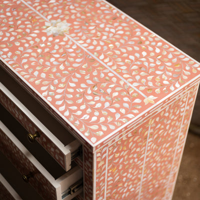 Arabesque Bone Inlay Five-Drawer Tallboy - Coral