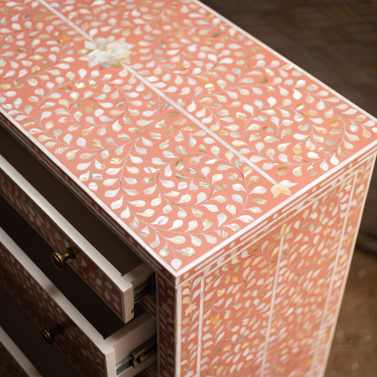 Arabesque Bone Inlay Five-Drawer Tallboy - Coral
