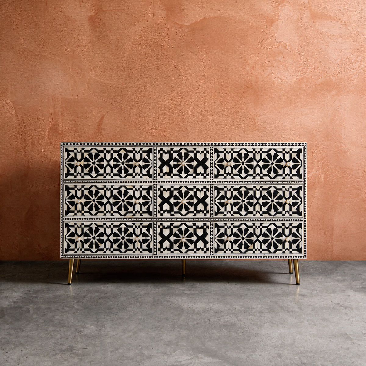 Moroccan Inlay Black Nine Drawer Dresser