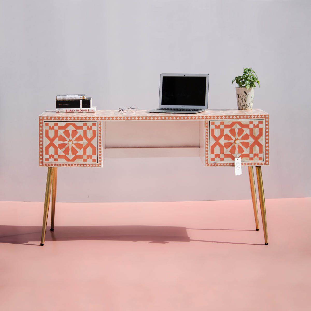 Moroccan Bone Inlay Coral Writing Desk