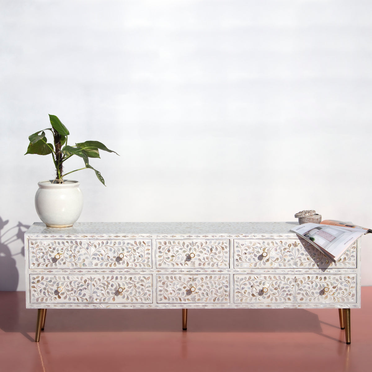 Arabesque Mother of Pearl Six-Drawer Media Console