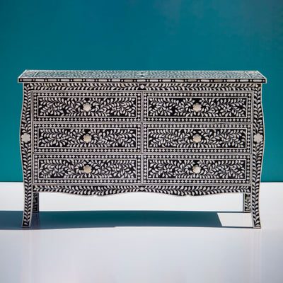 French-Inspired Arabesque Inlay Six-Drawer Chest – Black