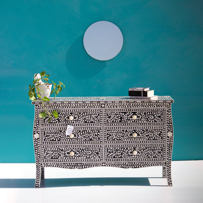 French-Inspired Arabesque Inlay Six-Drawer Chest – Black