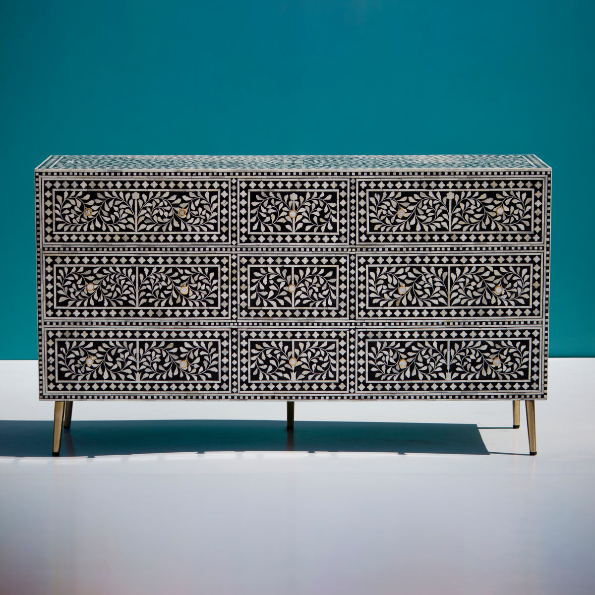 Arabesque Bone Inlay Nine-Drawer Dresser – Black