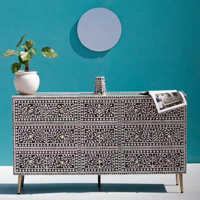 Arabesque Bone Inlay Nine-Drawer Dresser – Black