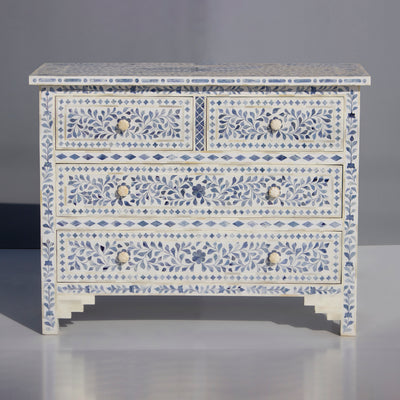 Arabesque Blue Dyed Bone Inlay Four Drawer Chest – White