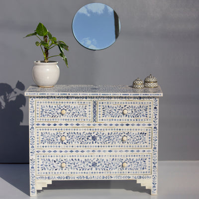 Arabesque Blue Dyed Bone Inlay Four Drawer Chest – White