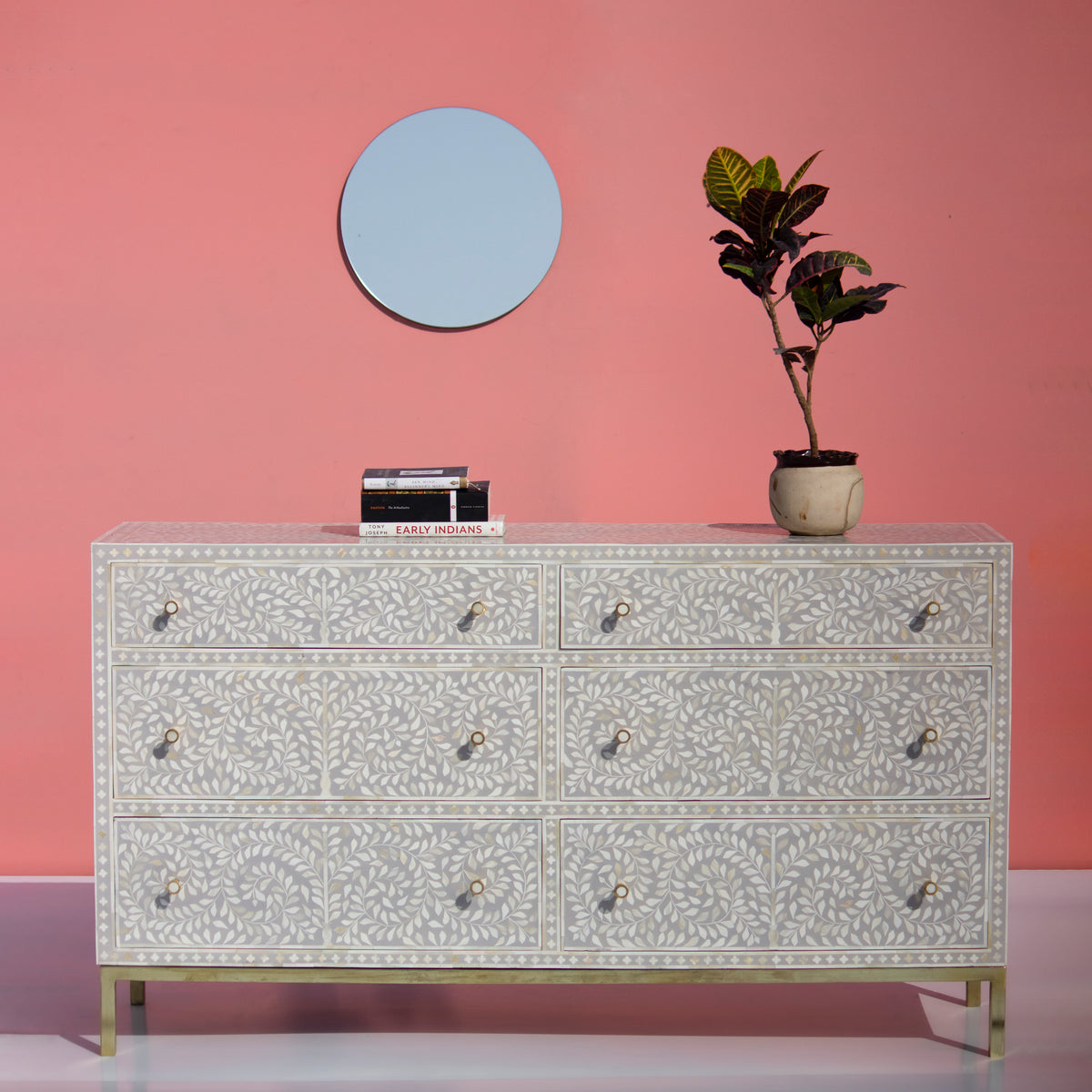 Arabesque Bone Inlay Six-Drawer Dresser - Grey