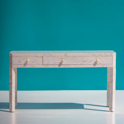 Veyra Chevron Inlay Three-Drawer Console Table – White
