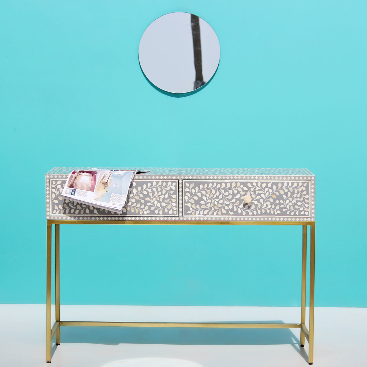 Arabesque Bone Inlay Two-Drawer Console Table - Grey