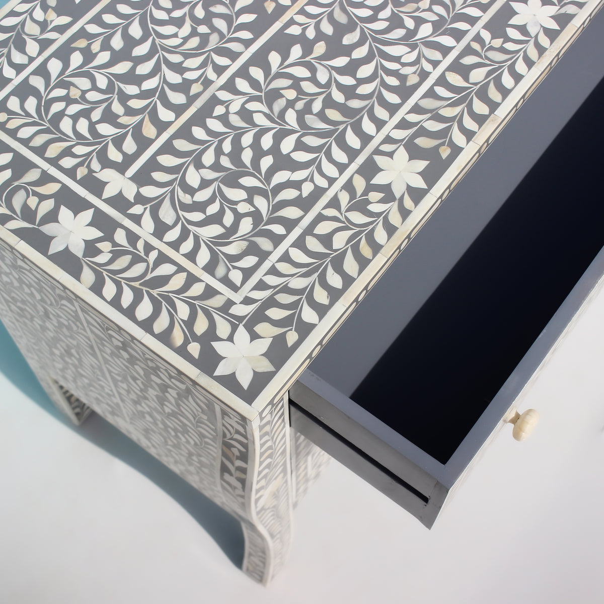 French Bombay Style Arabesque Bone Inlay Three-Drawer Chest – Grey