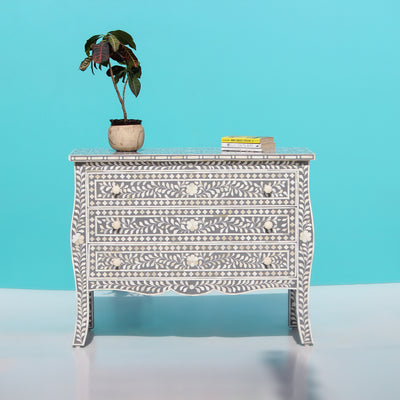 French Bombay Style Arabesque Bone Inlay Three-Drawer Chest – Grey